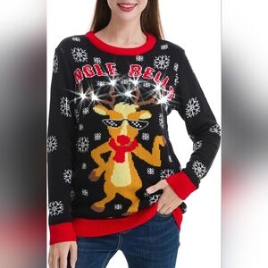 Daisys Boutique Festive Black Reindeer Ugly Sweater & Blinking Lights, Sz L, NWT